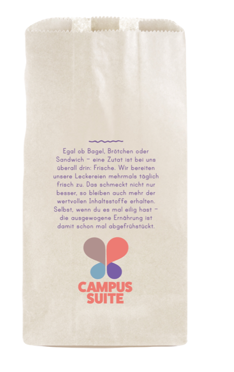 Sandwichtüte von Campus Suite mit Logo und einem emotionalen Text zum Thema "Respekt ist unser Rezept." 