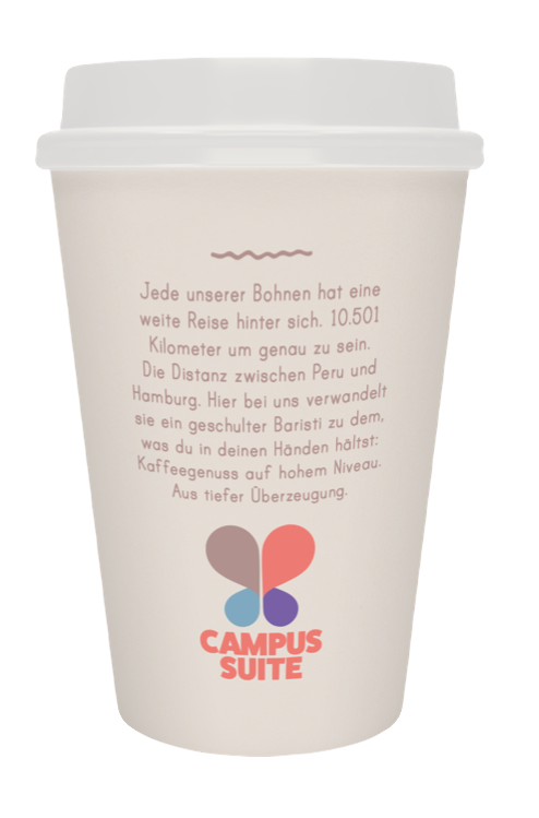 Kaffebecher von Campus Suite mit Logo und einem emotionalen Text zum Thema "Respekt ist unser Rezept." 