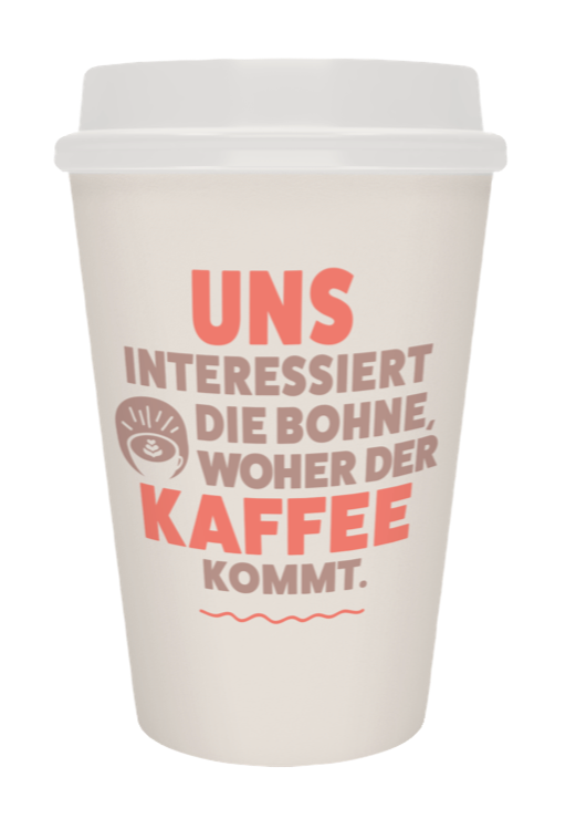 Kaffeebecher von Campus Suite mit der Aufschrift "Uns interessiert die Bohne, woher der Kaffee kommt."