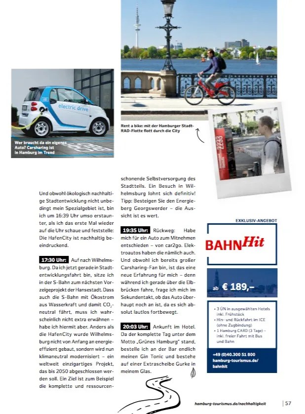 Doppelseitige Magazinseite zum Thema Nachhaltigkeit in Hamburg. Darunter ein längerer Beschreibungstext eines Erfahrungsberichtes zum Thema "nachhaltiges Reisen in Hamburg" von Gastautor Manuel Kersting.  Bilder eines Radfahrers an der Alster sowie Carsharing per E-Autos und einige Illustrationen.