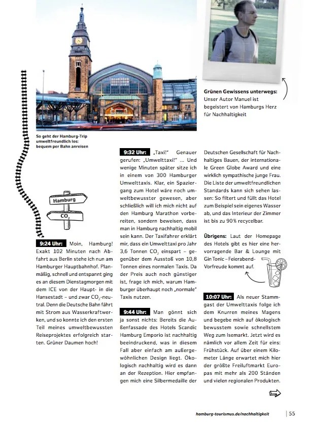 Doppelseitige Magazinseite zum Thema Nachhaltigkeit in Hamburg. Darunter ein längerer Beschreibungstext eines Erfahrungsberichtes zum Thema "nachhaltiges Reisen in Hamburg" von Gastautor Manuel Kersting. Ein Bild vom Hamburger Dammtor und einige Illustrationen.