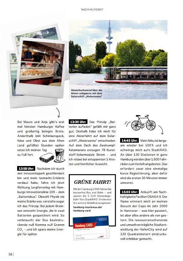 Doppelseitige Magazinseite zum Thema Nachhaltigkeit in Hamburg. Darunter ein längerer Beschreibungstext eines Erfahrungsberichtes zum Thema "nachhaltiges Reisen in Hamburg" von Gastautor Manuel Kersting.  Bilder des Isemarktes sowie der Alster und einige Illustrationen.