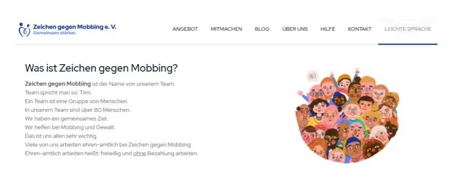 Ausschnitt der barrierefreien Startseite von Zeichen gegen Mobbing. Die Überschrift "Was ist Zeichen gegen Mobbing?" Daneben ein Logo mit Illustrationen von verschieden Menschen.